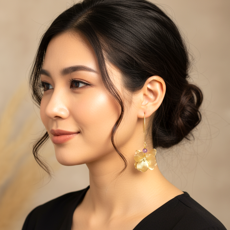 Boucles d'oreilles hortensia doré, améthyste, apatite ou malachite