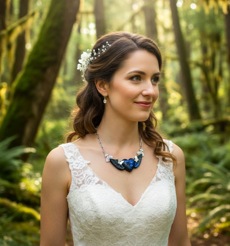 Collier argenté et coeur en labradorite bleu