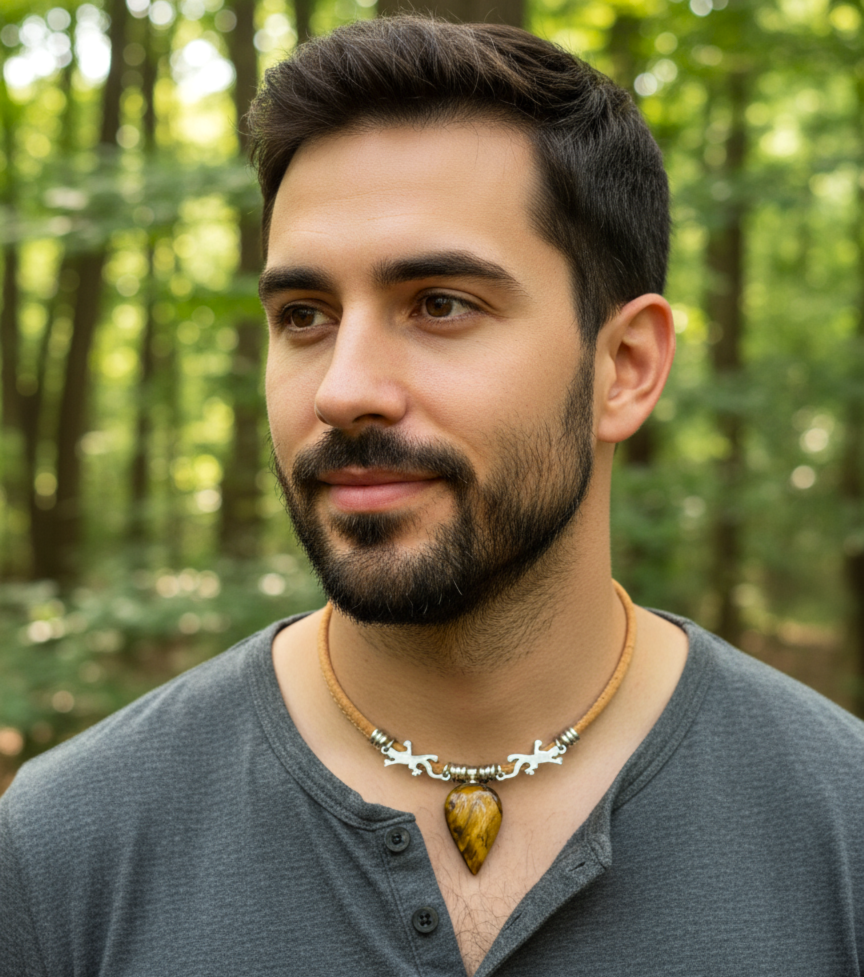 Collier gardien solaire en liège et oeil de tigre