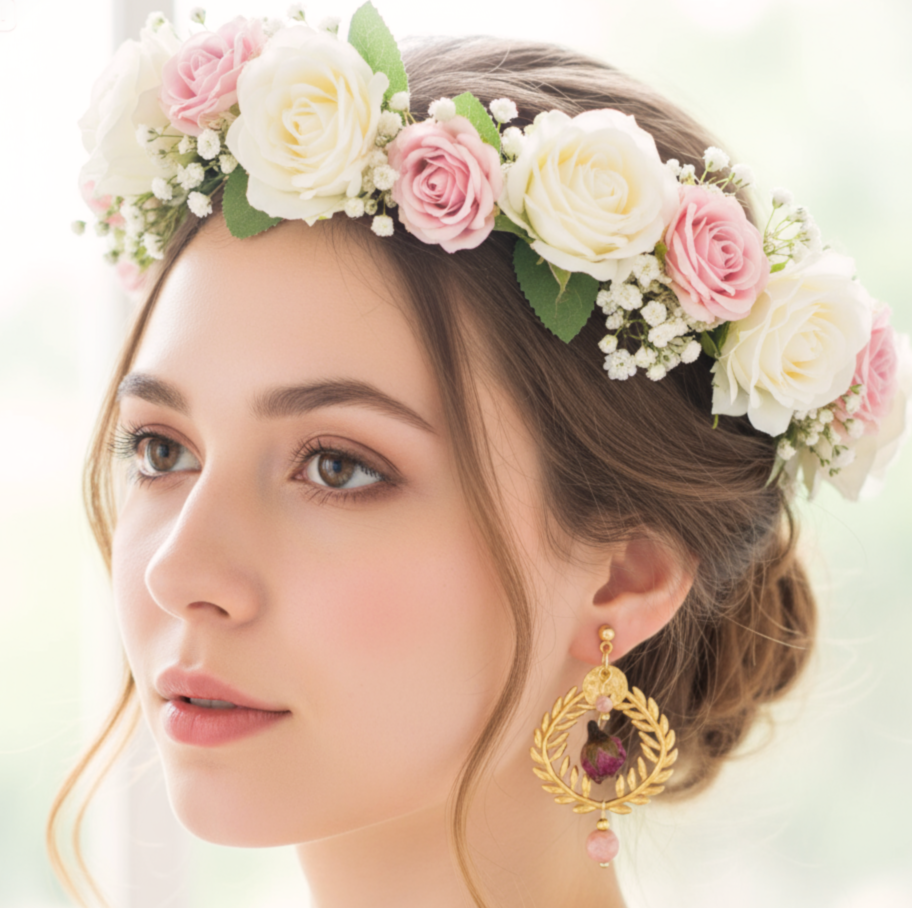 Boucles d'oreilles dorées Rhodochrosite et boutons de rose