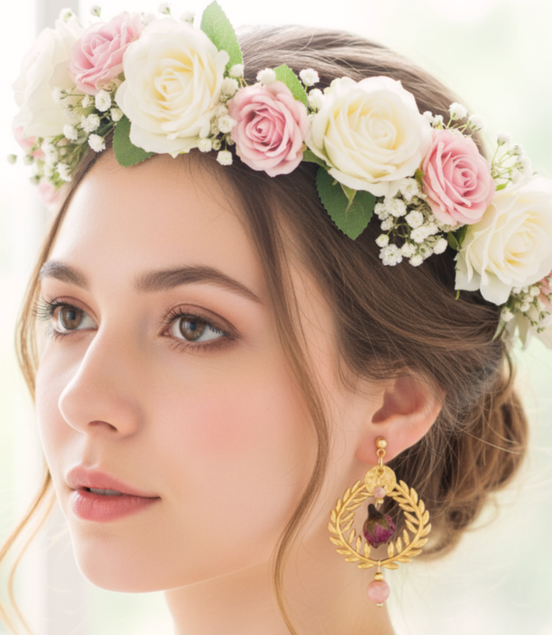 Boucles d'oreilles dorées Rhodochrosite et boutons de rose