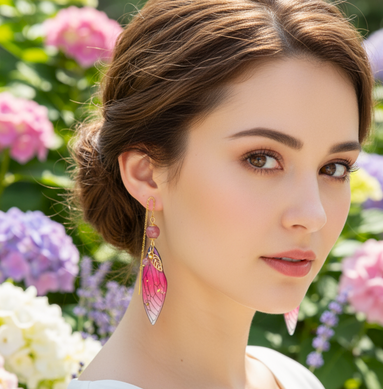 Boucles d'oreilles Ailes de fée en Rhodonite, dorée