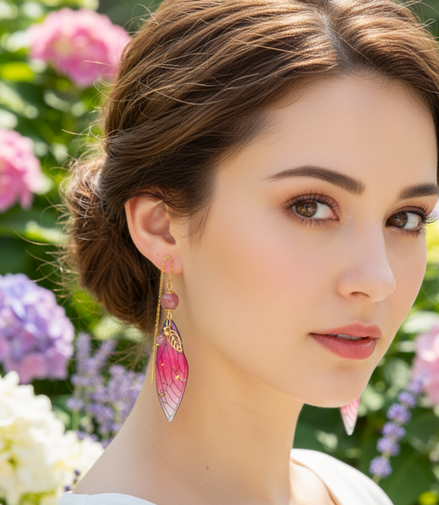 Boucles d'oreilles Ailes de fée en Rhodonite, dorée