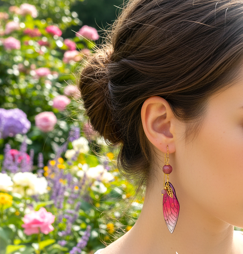 Boucles d'oreilles Ailes de fée en Rhodonite, dorée