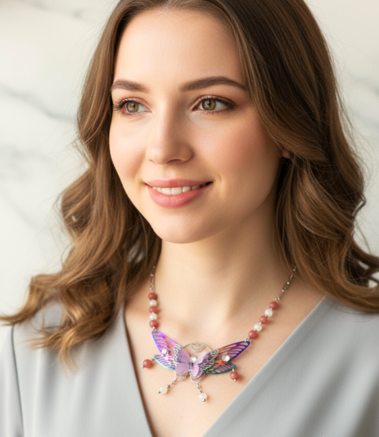 Collier papillon féérique, rhodonite et pierre de lune, fait mains, pièce unique
