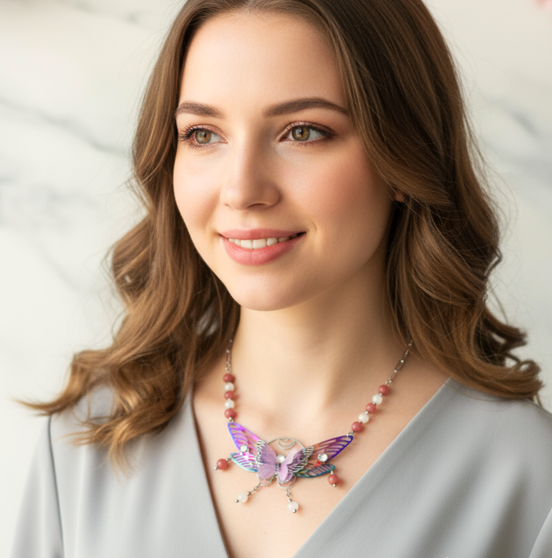 Collier papillon féérique, rhodonite et pierre de lune, fait mains, pièce unique