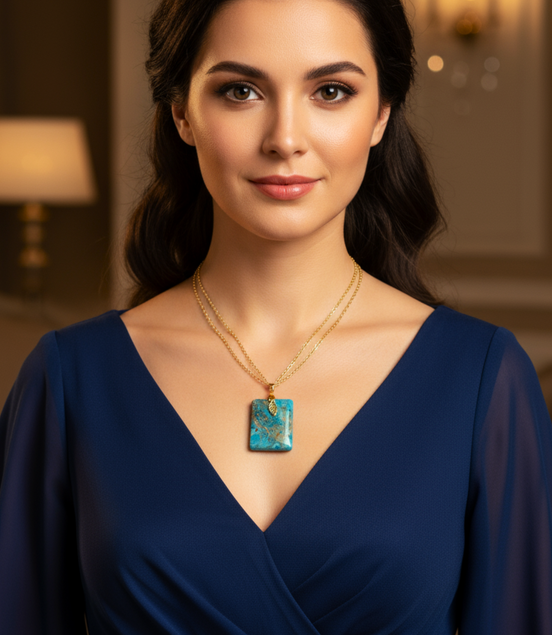 Collier double chaine doré et son Apatite