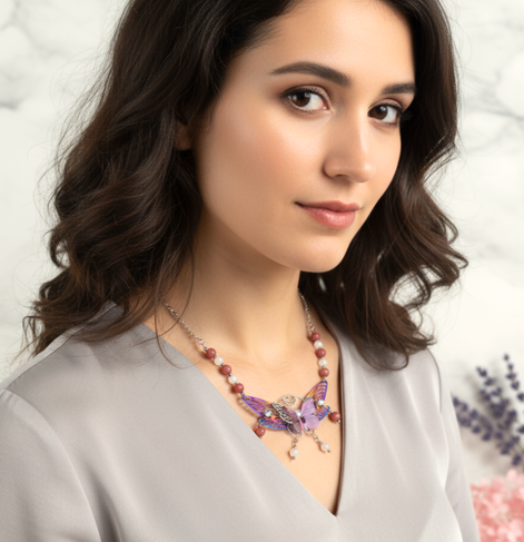 Collier papillon féérique, rhodonite et pierre de lune, fait mains, pièce unique