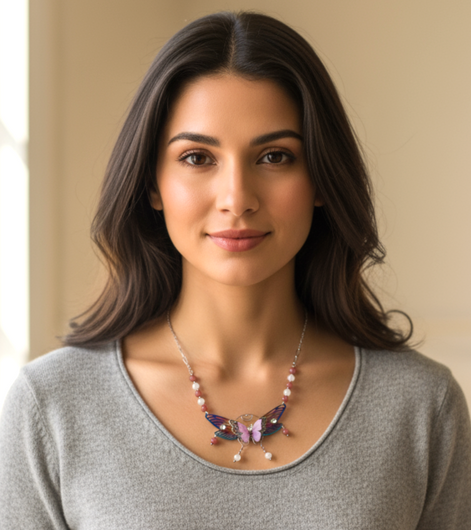 Collier papillon féérique, rhodonite et pierre de lune, fait mains, pièce unique