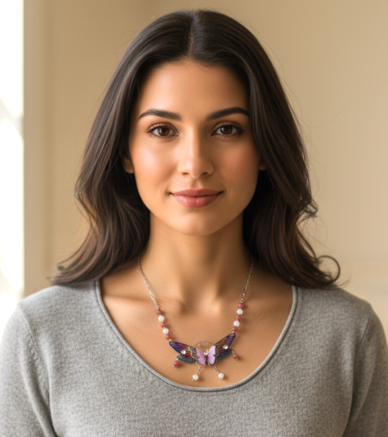 Collier papillon féérique, rhodonite et pierre de lune, fait mains, pièce unique