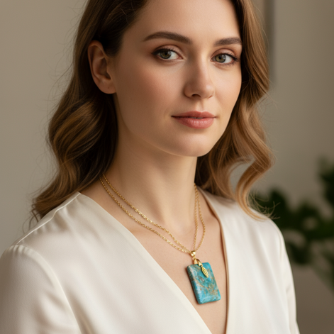 Collier double chaine doré et son Apatite