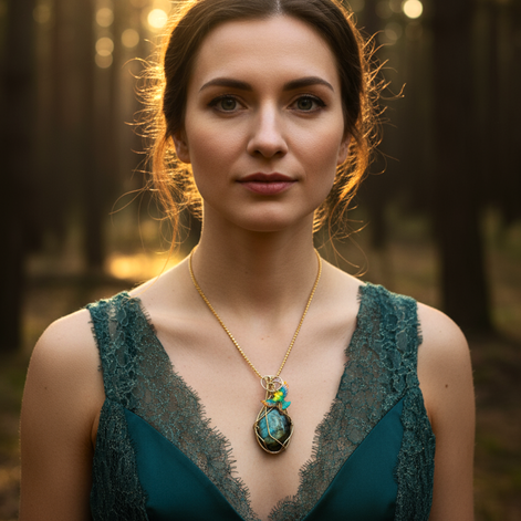 Sautoir doré et labradorite sertie