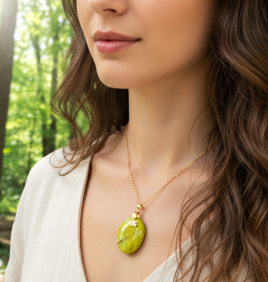 Collier doré opale verte extra, feuille, réglable