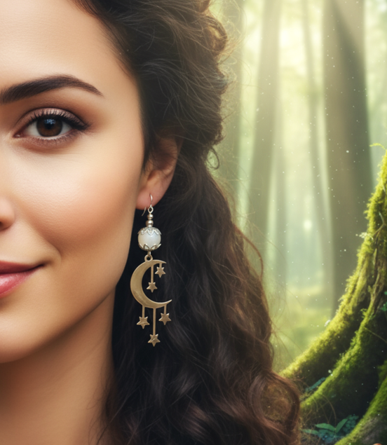 Boucles d'oreilles Luna argentée et pierre de lune