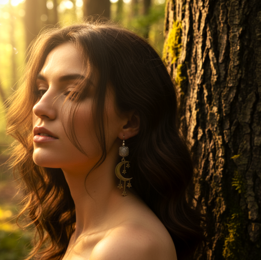 Boucles d'oreilles Luna argentée et pierre de lune