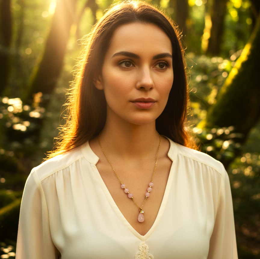 Collier long Doré et pierre de Kunzite 60cm