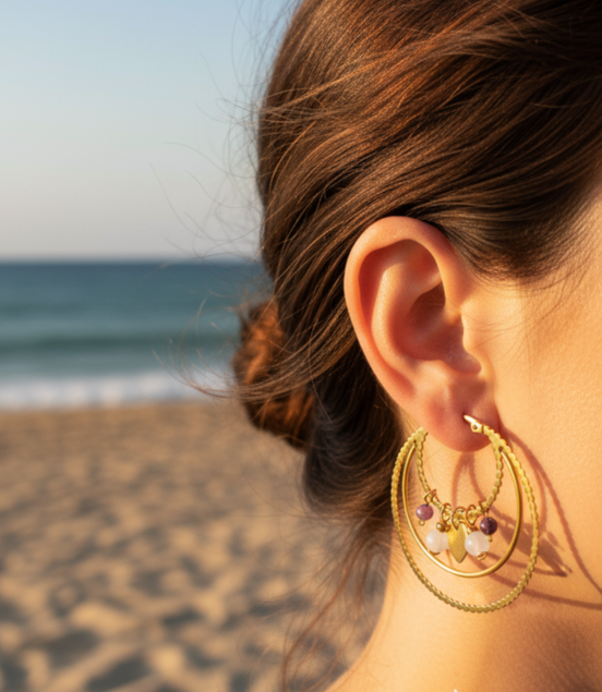 Créoles dorées et pierre de lune arc en ciel