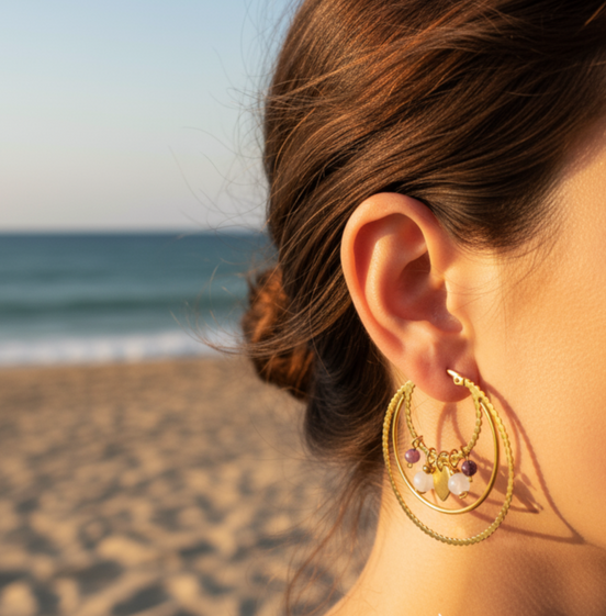 Créoles dorées et pierre de lune arc en ciel