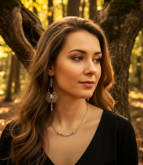 Collier et boucles d'oreilles céleste en calcédoine bleue