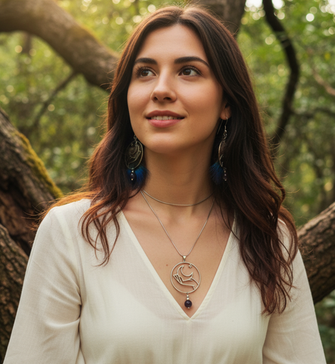 Collier "intuition lunaire" améthyste et plume de paon