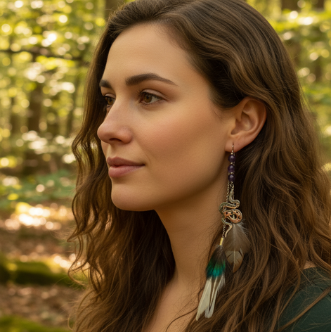 Boucle en améthyste & Plumes sacrées, ailes de fée, doré ou argenté au choix