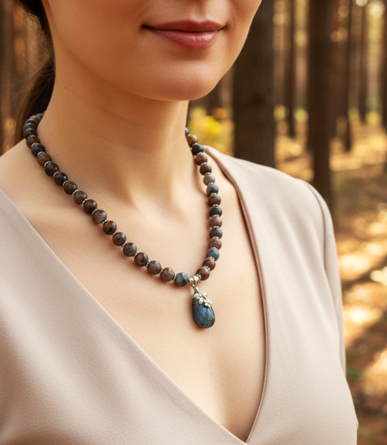 Collier de perles en pietersite réglable argenté