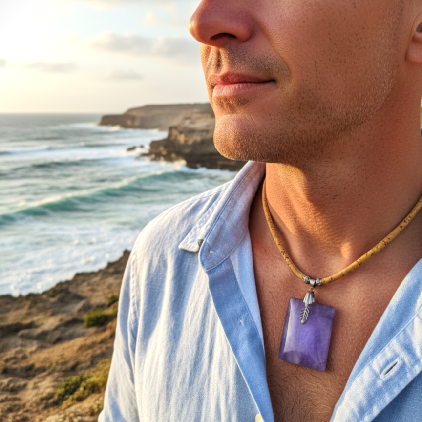 Collier liège argenté et son améthyste