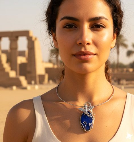 Torque Isis argenté en lapis lazuli extra sertie de cuivre