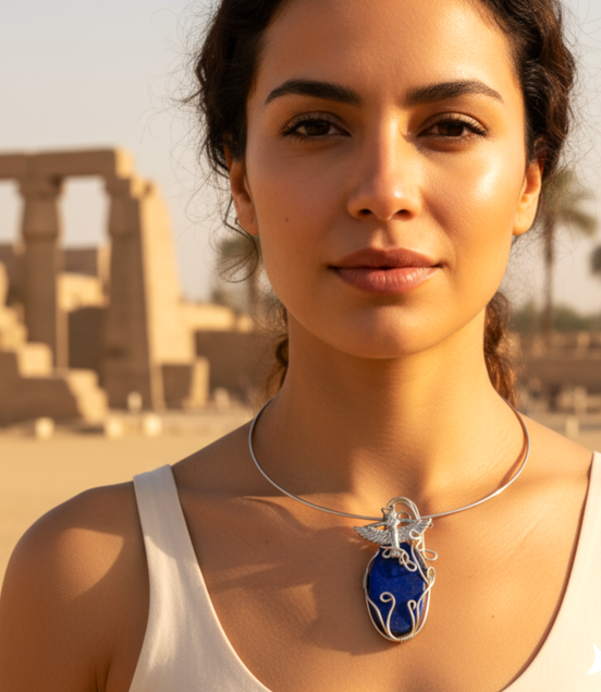 Torque Isis argenté en lapis lazuli extra sertie de cuivre