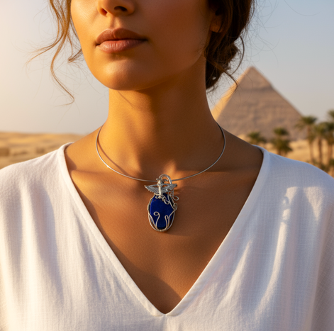 Torque Isis argenté en lapis lazuli extra sertie de cuivre