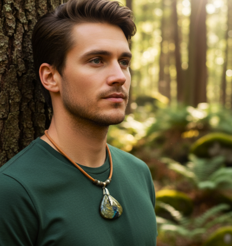 Collier argenté en cuir et labradorite