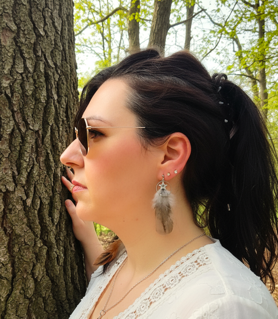 Boucles d'oreilles en labradorite étoile et plume