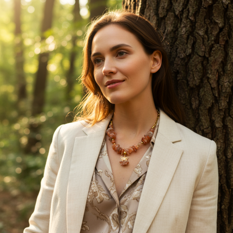 Collier chaine doré et chips Pierre de soleil, original, fait mains