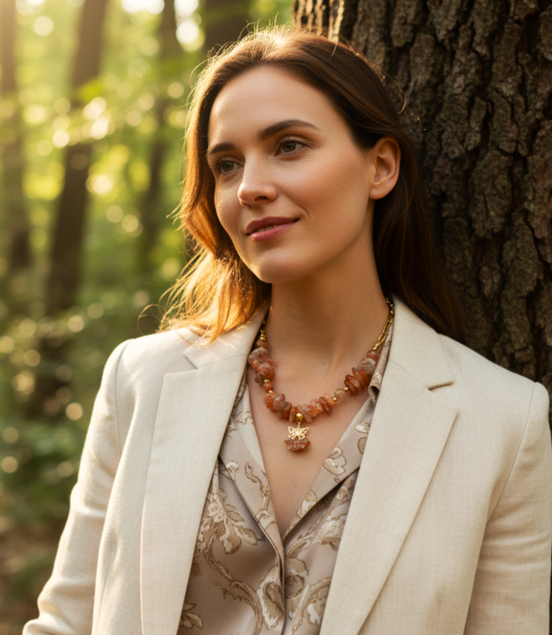 Collier chaine doré et chips Pierre de soleil, original, fait mains