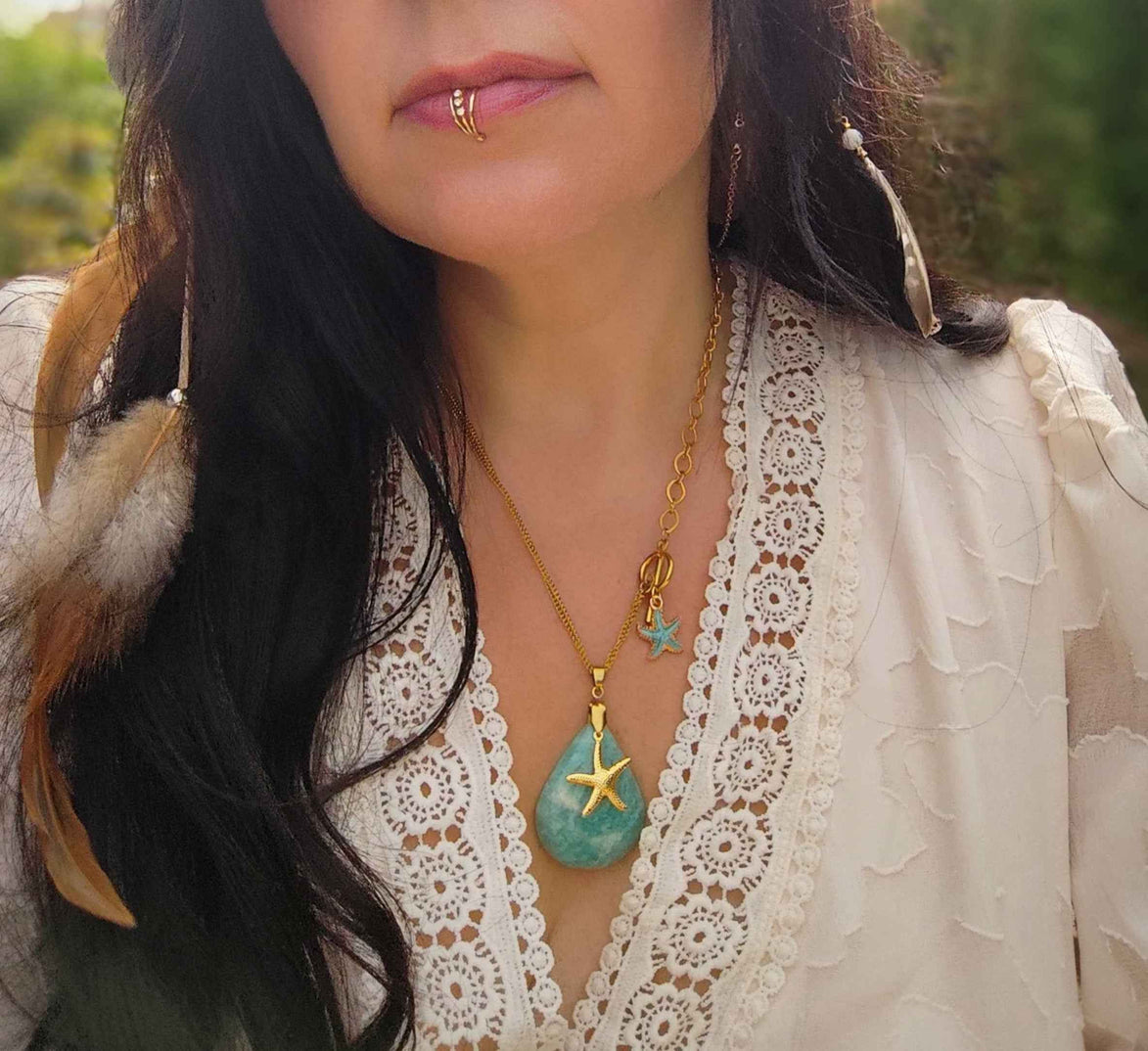 Collier Doré en amazonite, "étoile d Atlantide"
