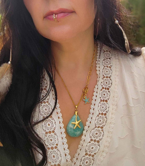 Collier Doré en amazonite, "étoile d Atlantide"
