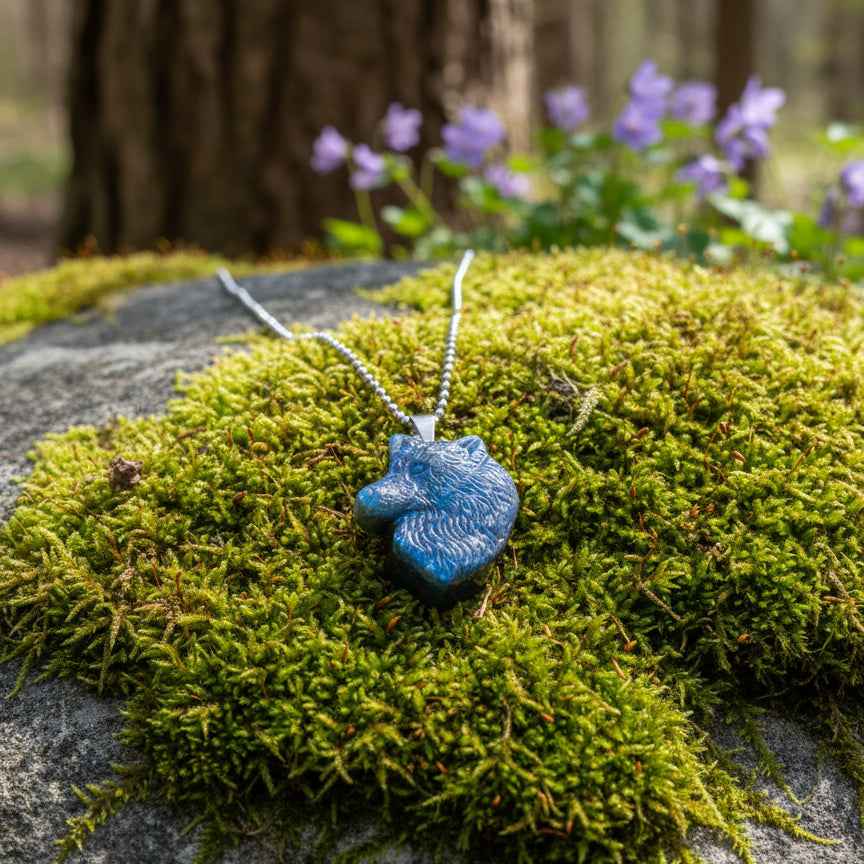 Collier argenté en labradorite loup sculpté