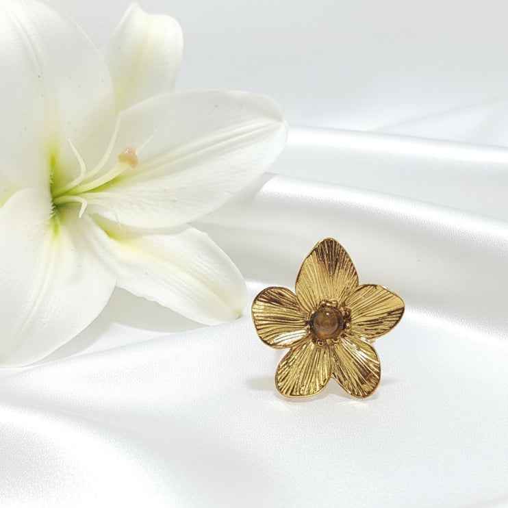 Bague ajustable en oeil de tigre et acier inoxydable