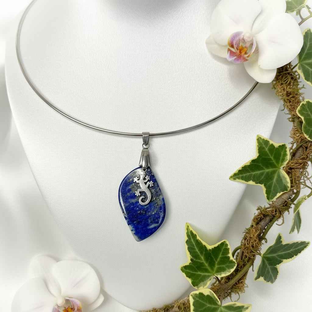 Boucles d'oreilles & Collier torque argenté en Lapis lazuli 