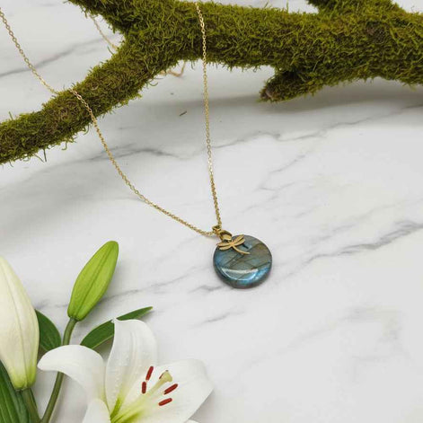Collier libellule doré et labradorite