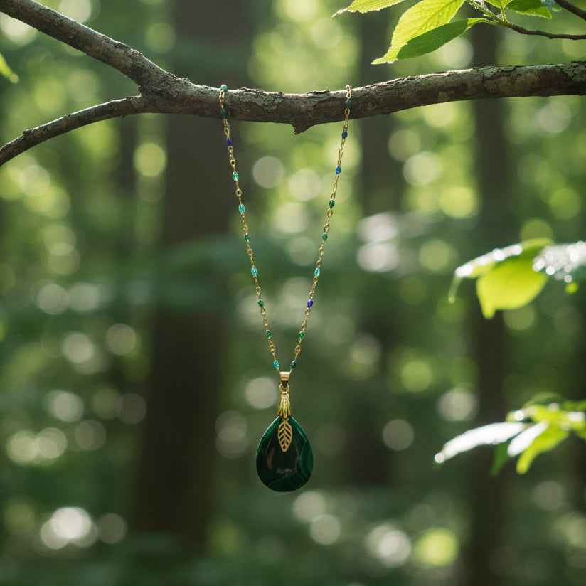 Collier doré en malachite extra et acier inoxydable