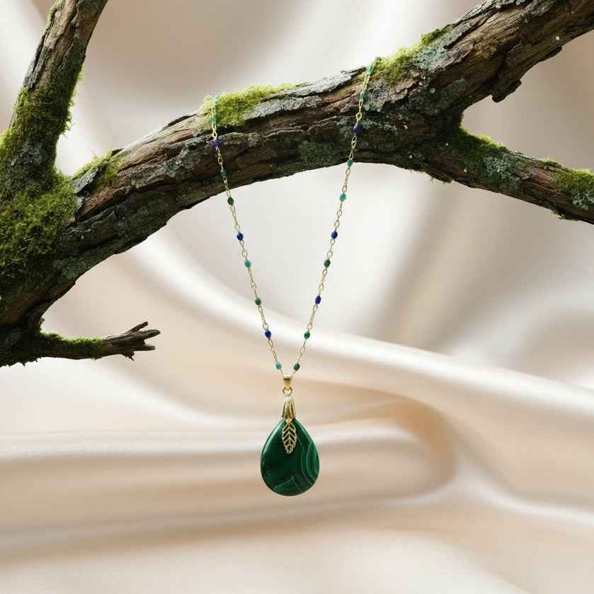 Collier doré en malachite extra et acier inoxydable