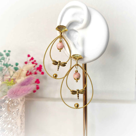 Boucles d'oreilles libellule dorées, pierre au choix