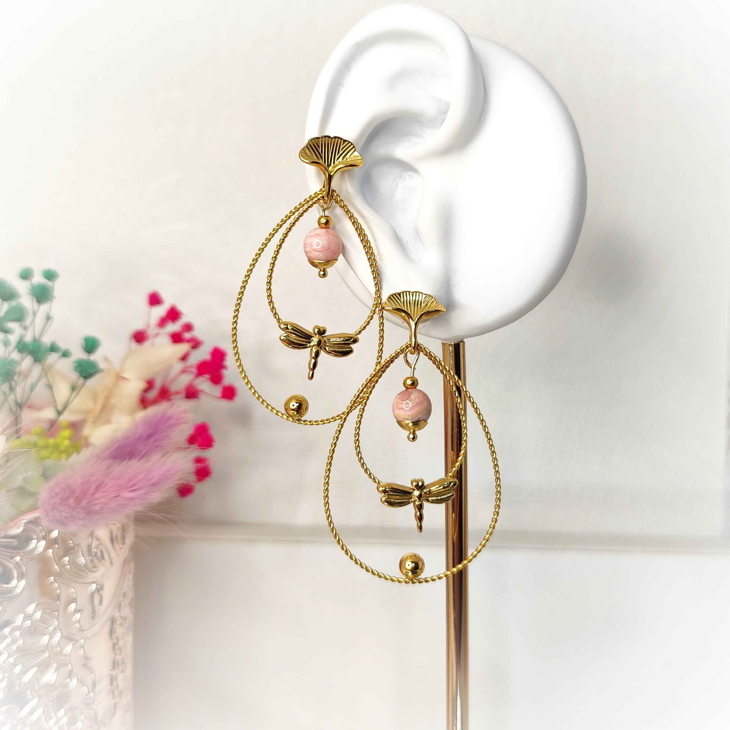 Boucles d'oreilles libellule dorées, pierre au choix