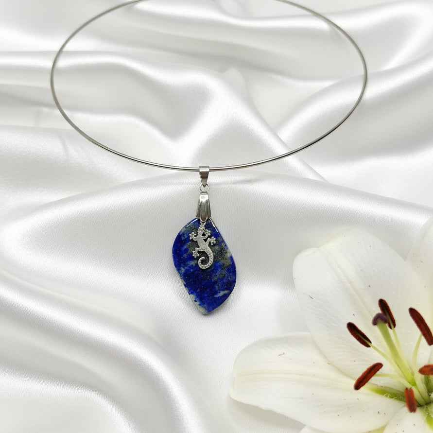 Boucles d'oreilles & Collier torque argenté en Lapis lazuli 