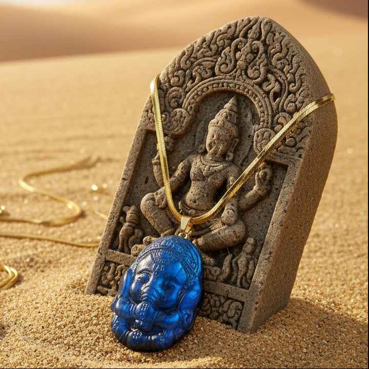 Collier Ganesh en labradorite bleu, argenté ou doré