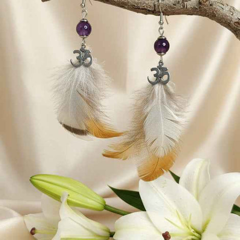 Boucle en améthyste & Plumes sacrées, ailes de fée, doré ou argenté au choix