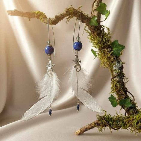 Boucles d'oreilles & Collier torque argenté en Lapis lazuli "salamandre"