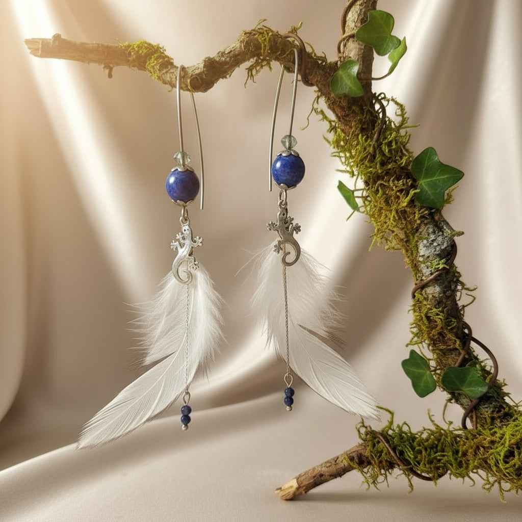 Boucles d'oreilles & Collier torque argenté en Lapis lazuli 