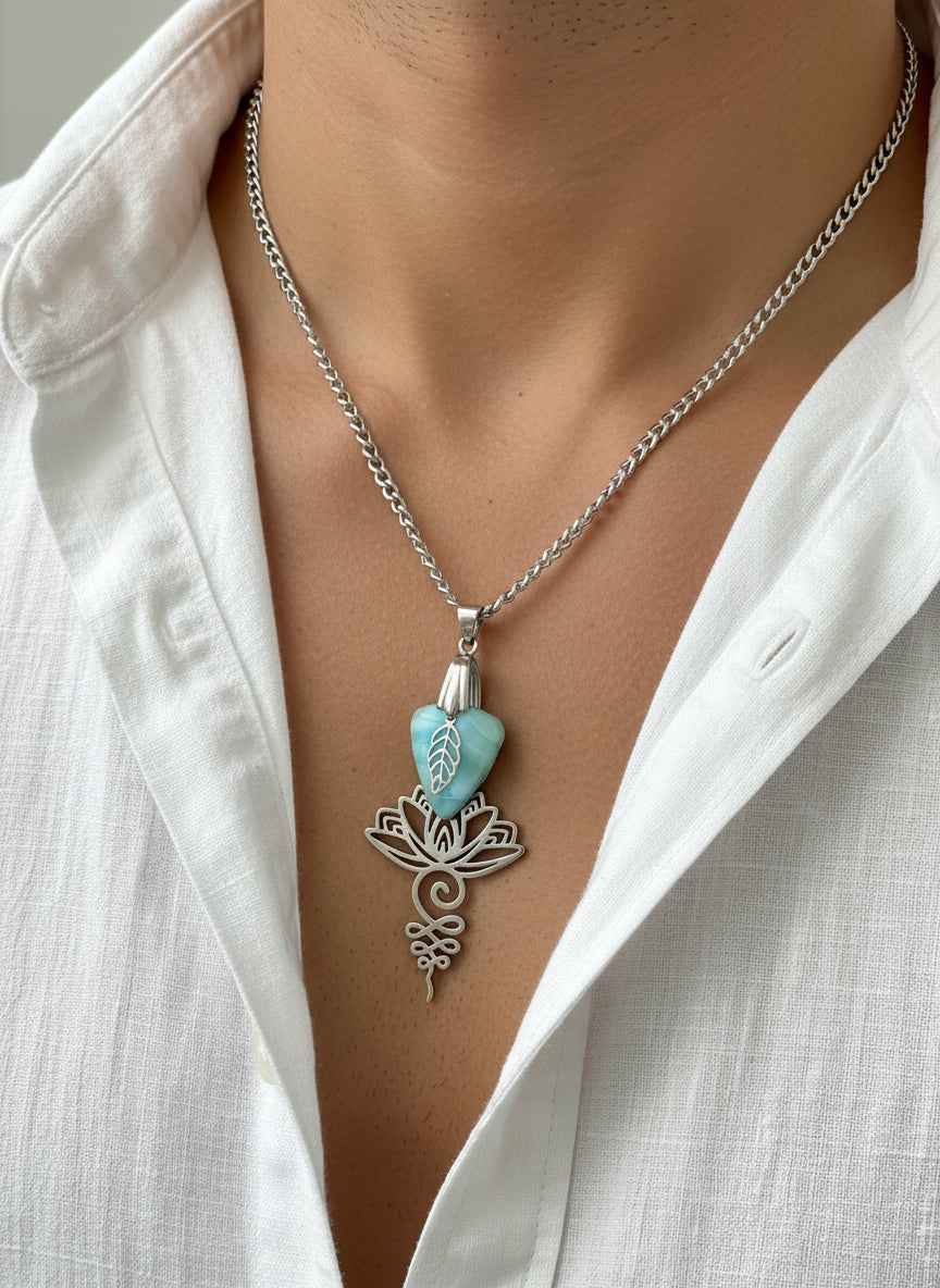 Collier chaine argenté et larimar au choix, sur lotus unalome ou simple